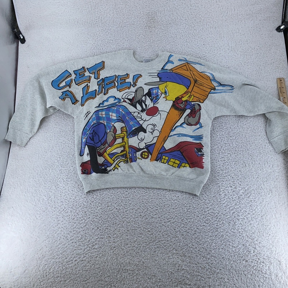 Vintage Sylvester Tweety Get a Life Sweatshirt BOXY SHORT Large Looney Tunes 90s - Picture 2 of 8
